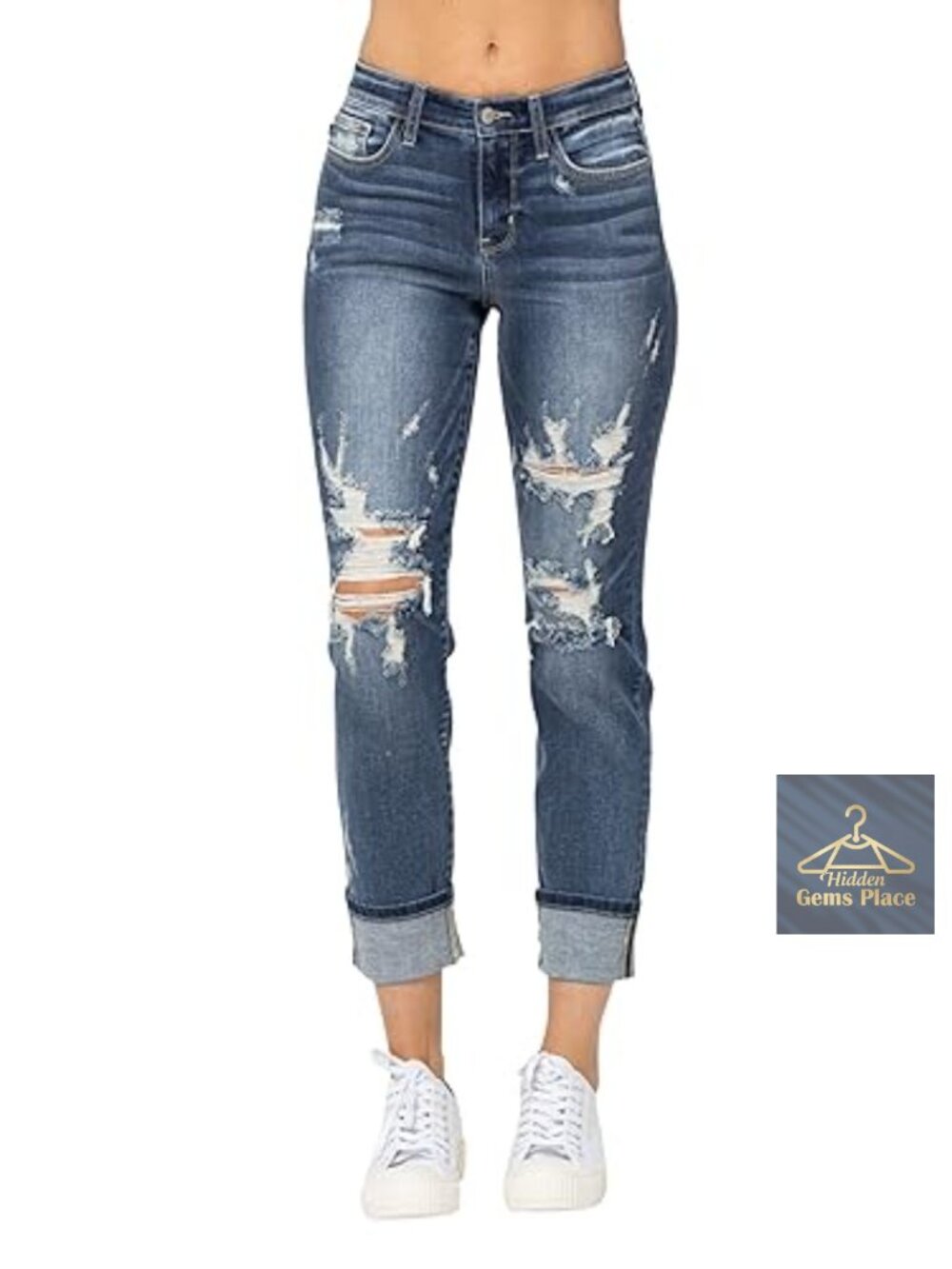 Judy Blue Mid-Rise Cuffed Destroy Boyfriend Jeans